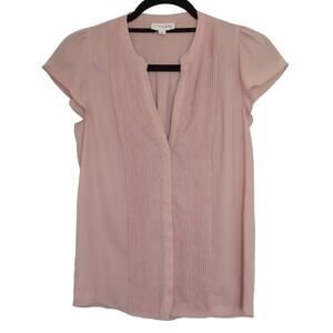 Maison Jules Short Sleeve Top Button Front V-Neck Blouse Pink Size XS